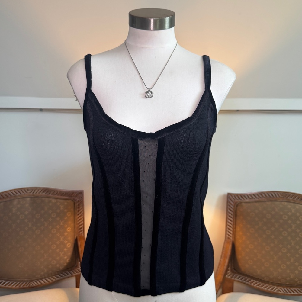 Vintage 90s St. John Evening Black Fitted Mesh & Knit Cami Tank Top, Goth Vibes